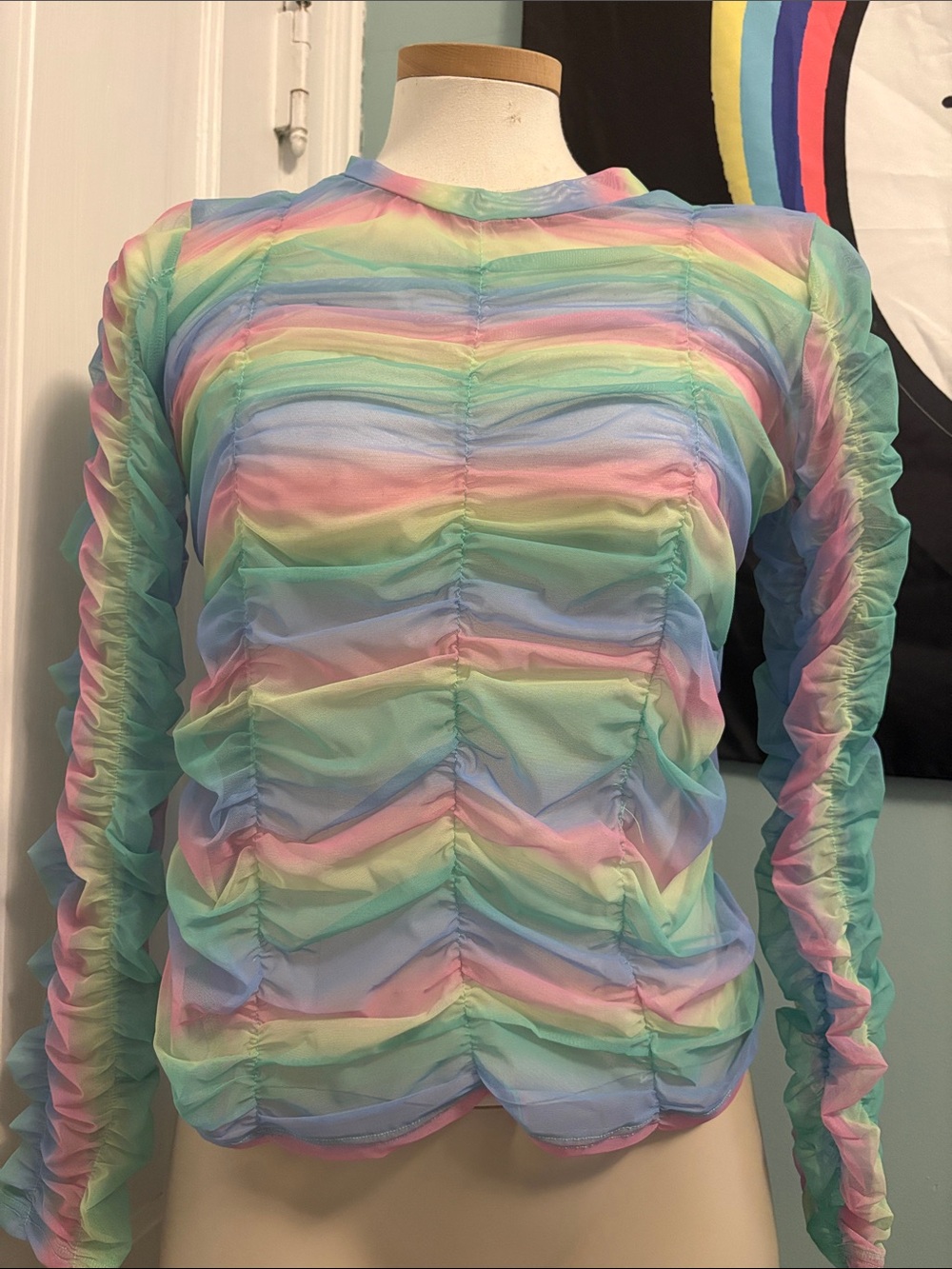 DAVI & DANI Pastel Rainbow Ruched Mesh Long Sleeve Top